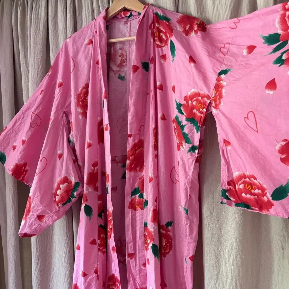Vintage Elle Poem Japanese Cotton Kimono Robe Pink Floral OS Long Duster